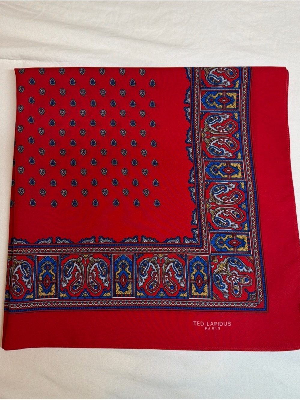 Ted Lapidus Red Paisley Border Scarf - Elegant Women's Wrap